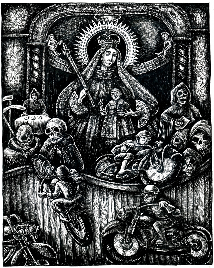 madonna at the wall of death ink drawing Gregory Martens